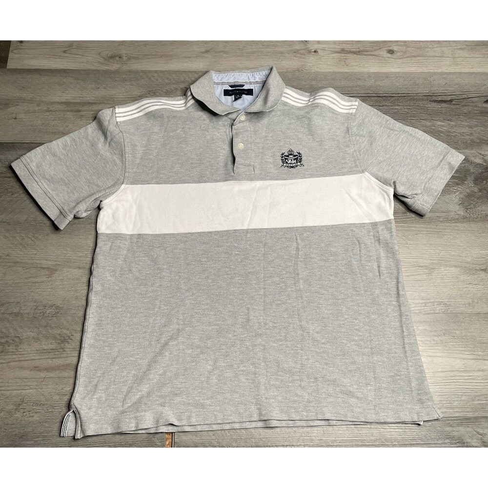 Vtg 90s Tommy Hilfiger Crest Polo Shirt Grey White Block Men's XL